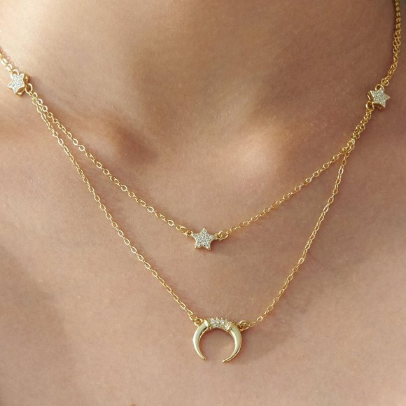 14K gold Crescent Moon Multi-Strand Gold Necklace - Picture 5 of 9